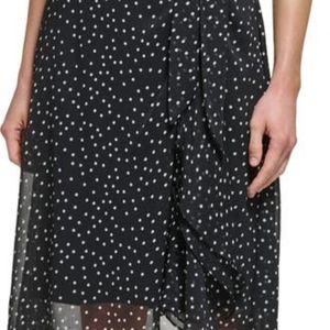 DKNY Women's Short Sleeve V-Neck Black Polka Dots Chiffon Fit and Flare Dress